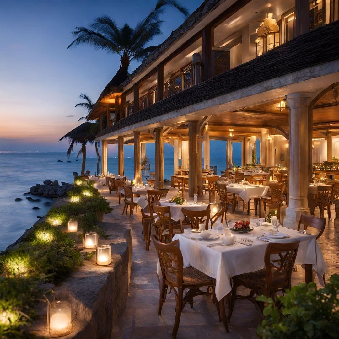 夜の海辺のレストラン